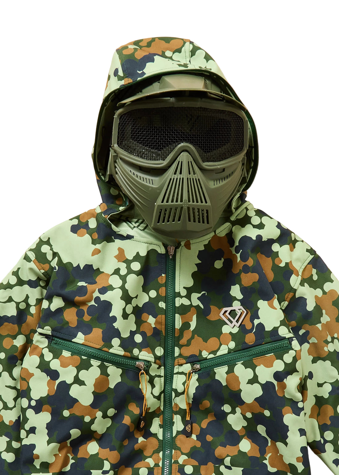 Camouflage-patterned jacket with a hood on a beige background