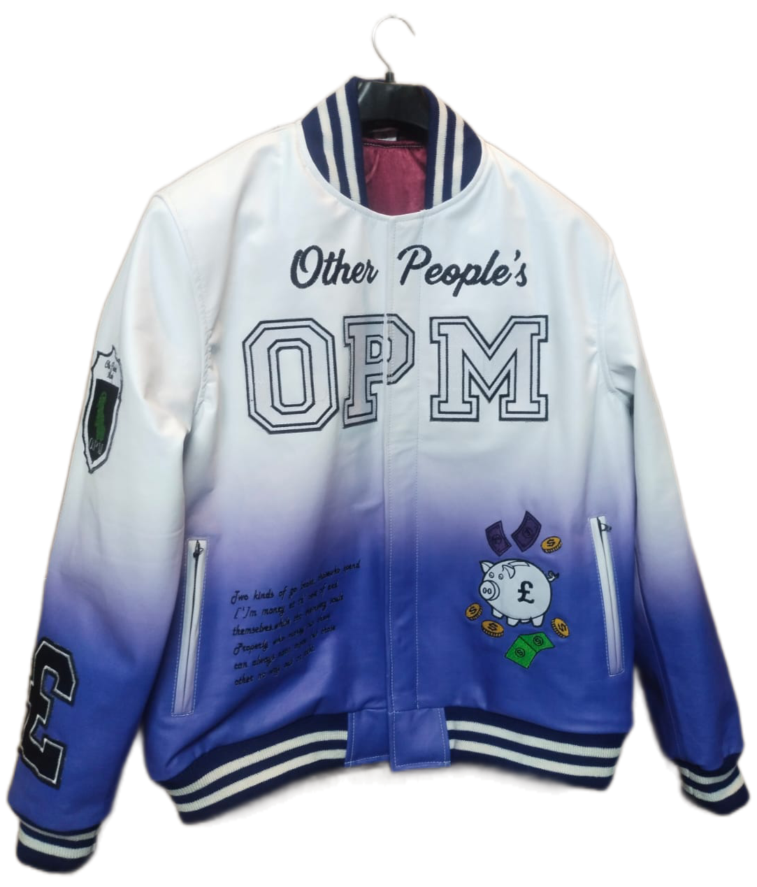 Gradient jacket with 'Other People's OPM' text on a white background