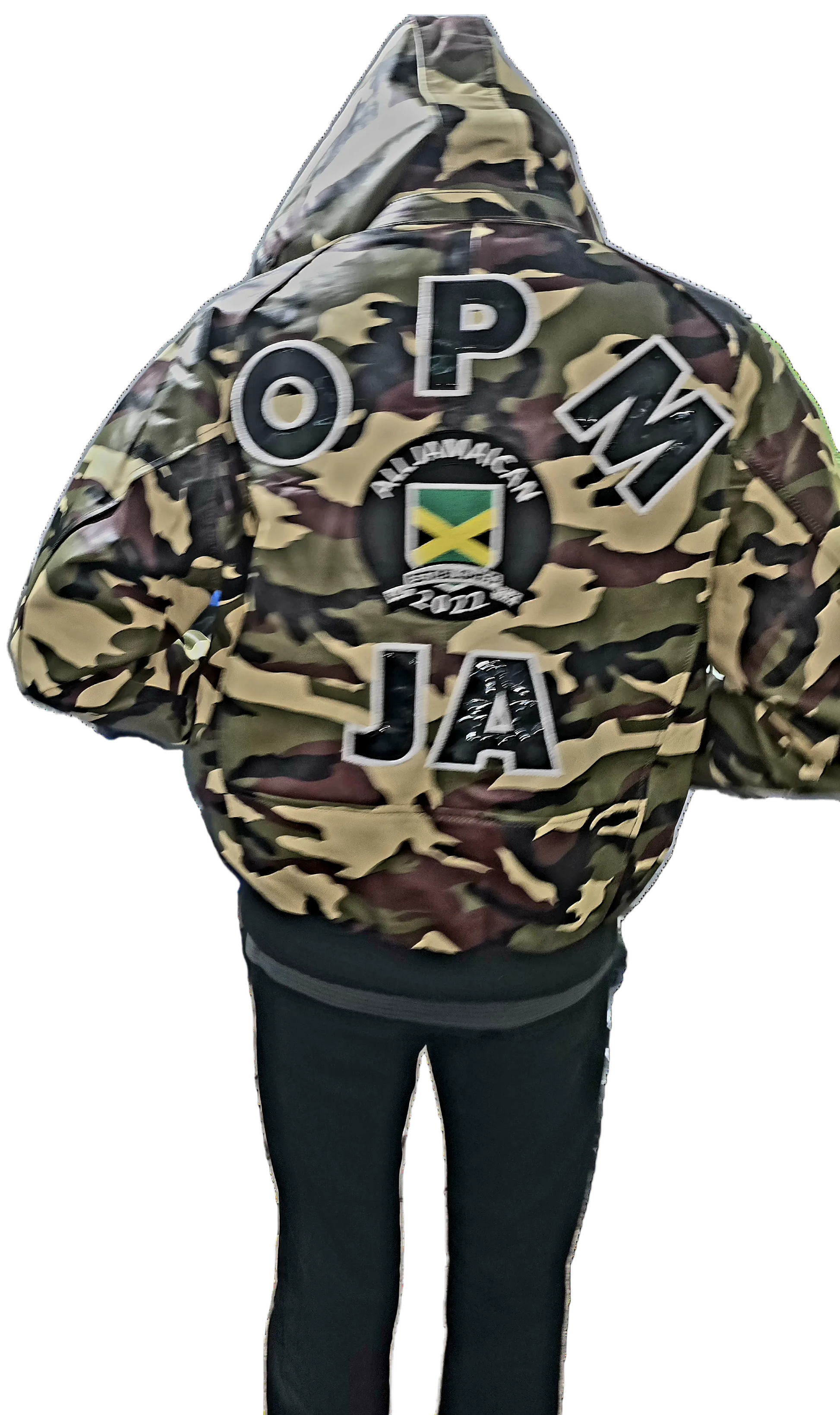 Camouflage hoodie with visible branding on a transparent background