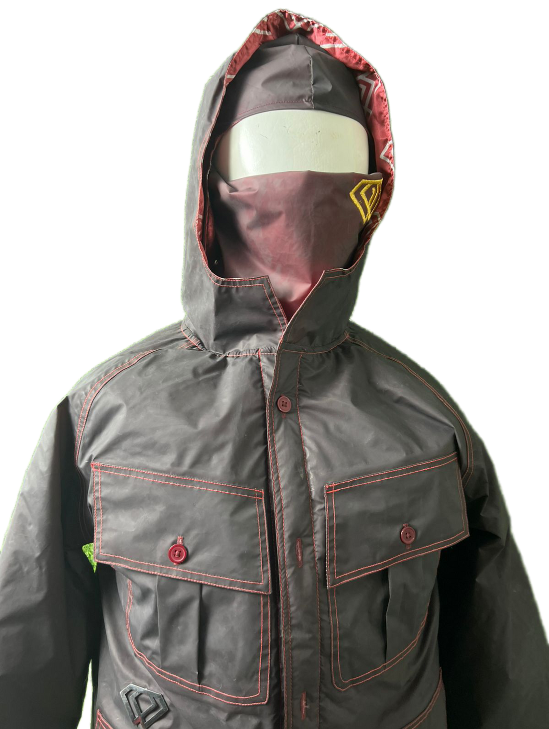 Gray hooded jacket with a logo on the chest against a white background
