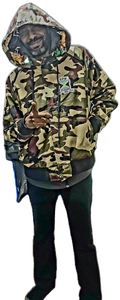 Person wearing a camouflage hoodie with a visible brand logo on a transparent background