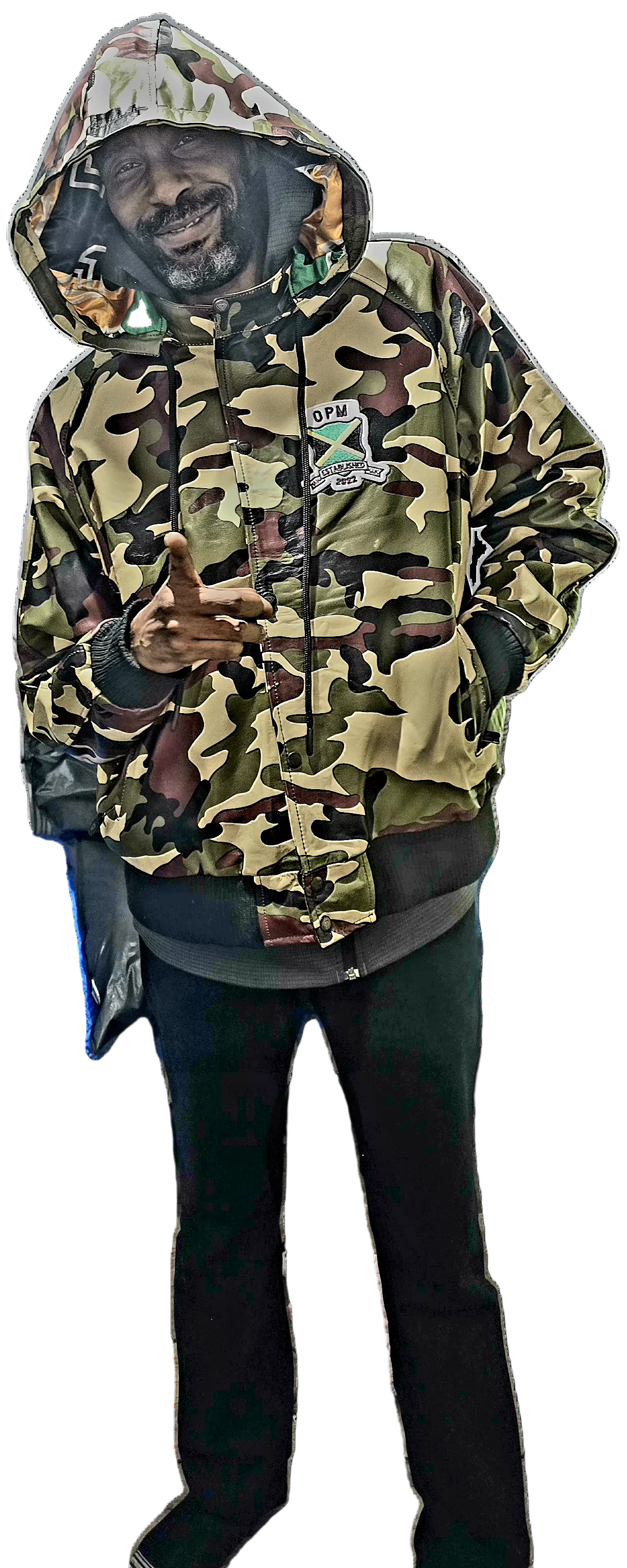 Person wearing a camouflage hoodie with a visible brand logo on a transparent background