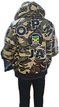 Camouflage hoodie with text and a flag on the back, on a transparent background