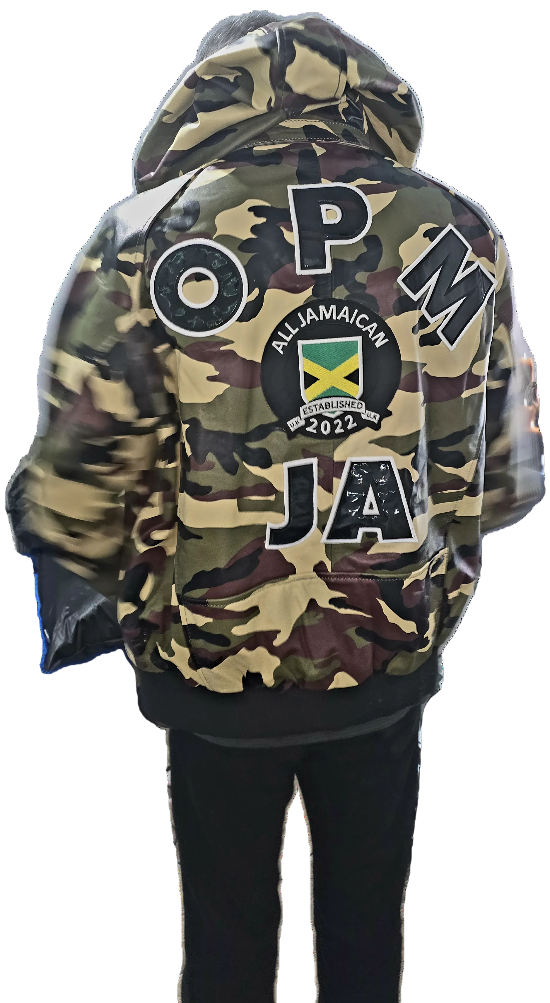 Camouflage hoodie with text and a flag on the back, on a transparent background