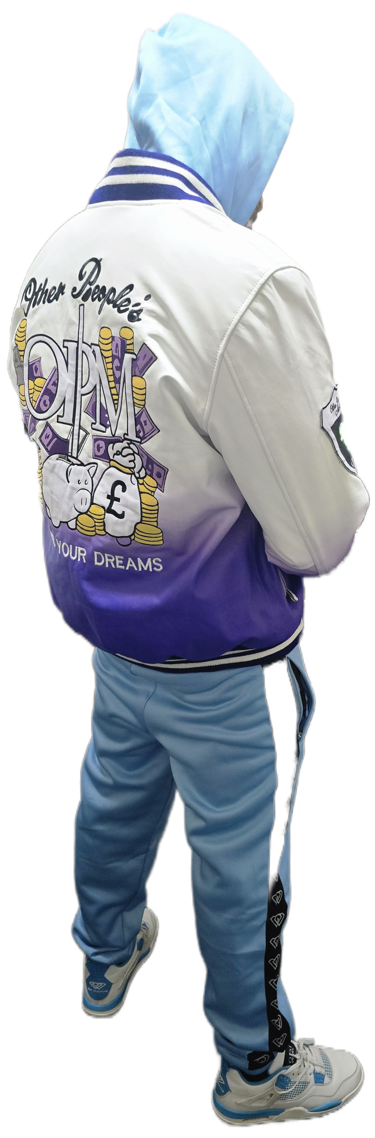Person wearing a colorful jacket with text and graphics on the back, standing against a white background.