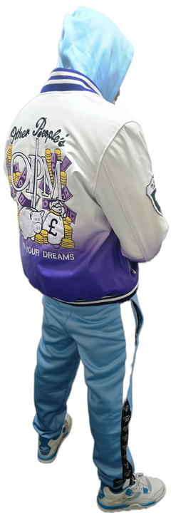 Person wearing a colorful jacket with text and graphics on the back, standing against a white background.