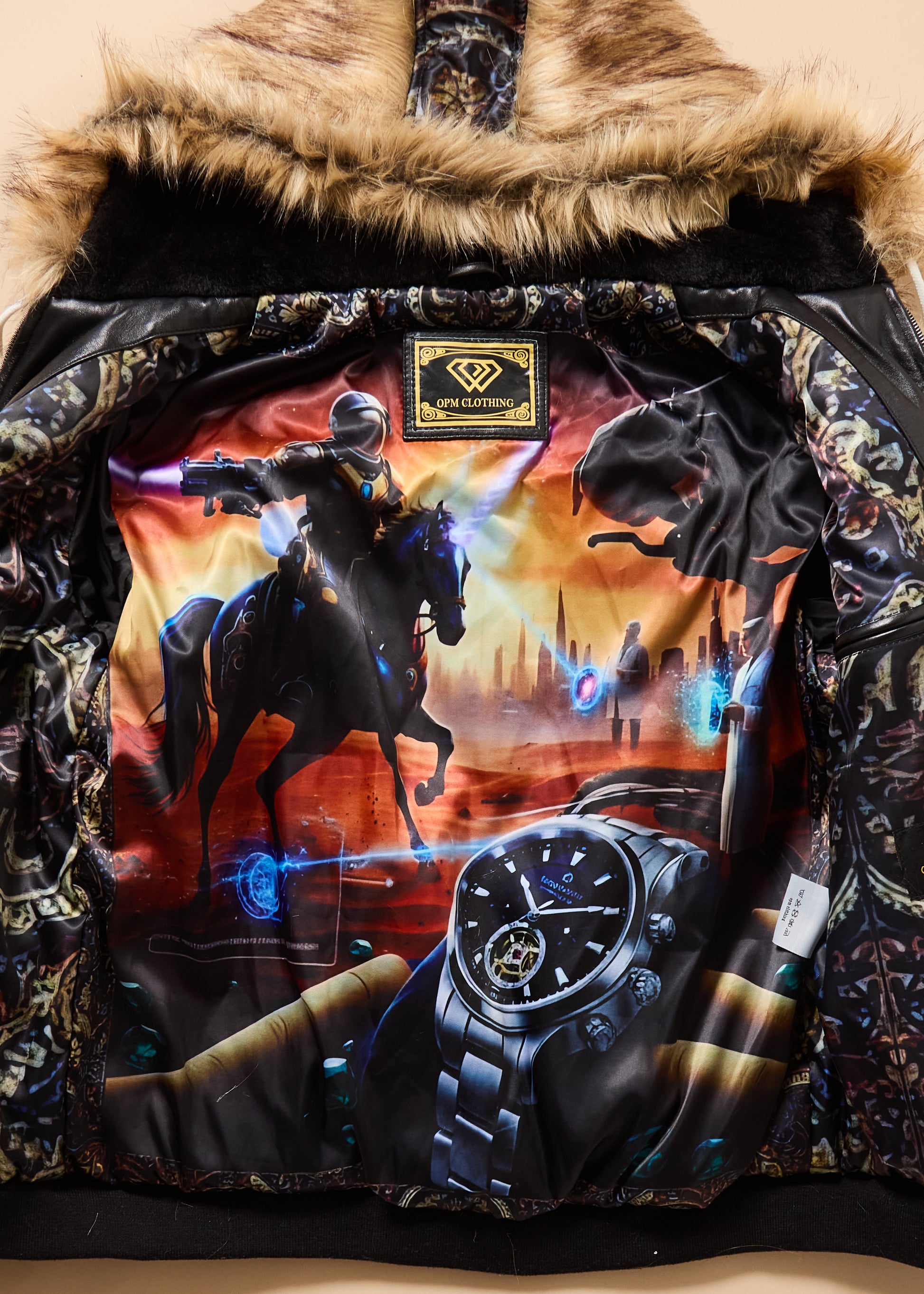 Hoodie with a graphic design of a horse and watch, featuring a Superman logo on the chest.