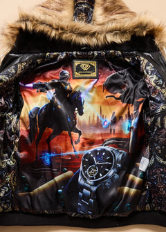 Hoodie with a graphic design of a horse and watch, featuring a Superman logo on the chest.