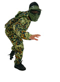 Person wearing a full-body camouflage suit and mask on a plain background