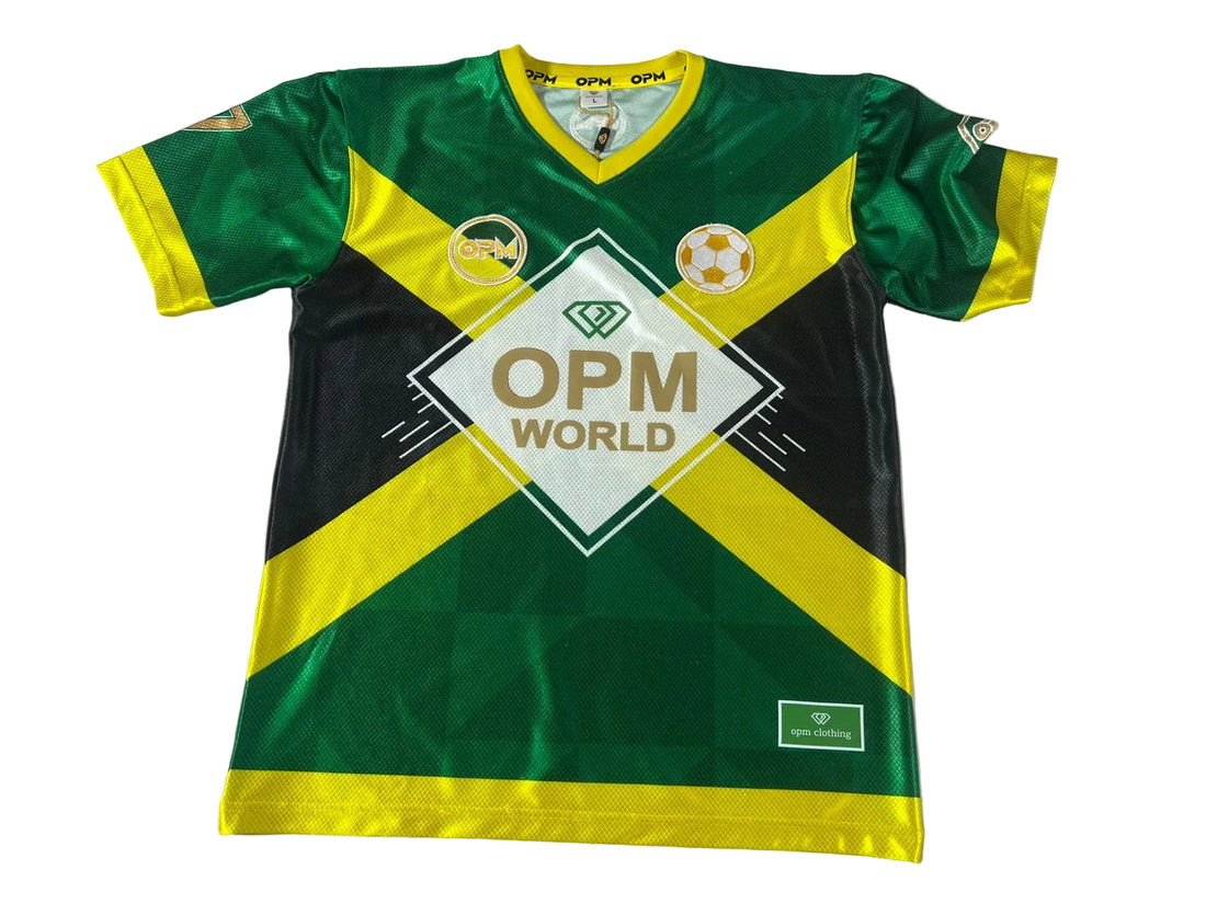 Green and yellow sports jersey with 'OPM World' branding on a white background