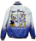 Gradient jacket with colorful graphics and text on a white background