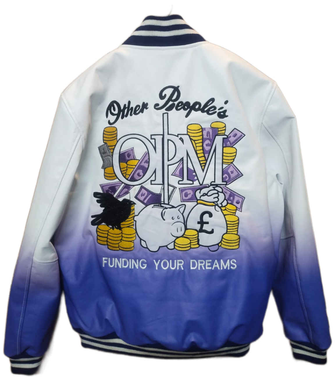 Gradient jacket with colorful graphics and text on a white background