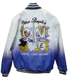 Gradient jacket with colorful graphics and text on a white background