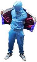 Blue tracksuit with a hood and white sneakers on a transparent background