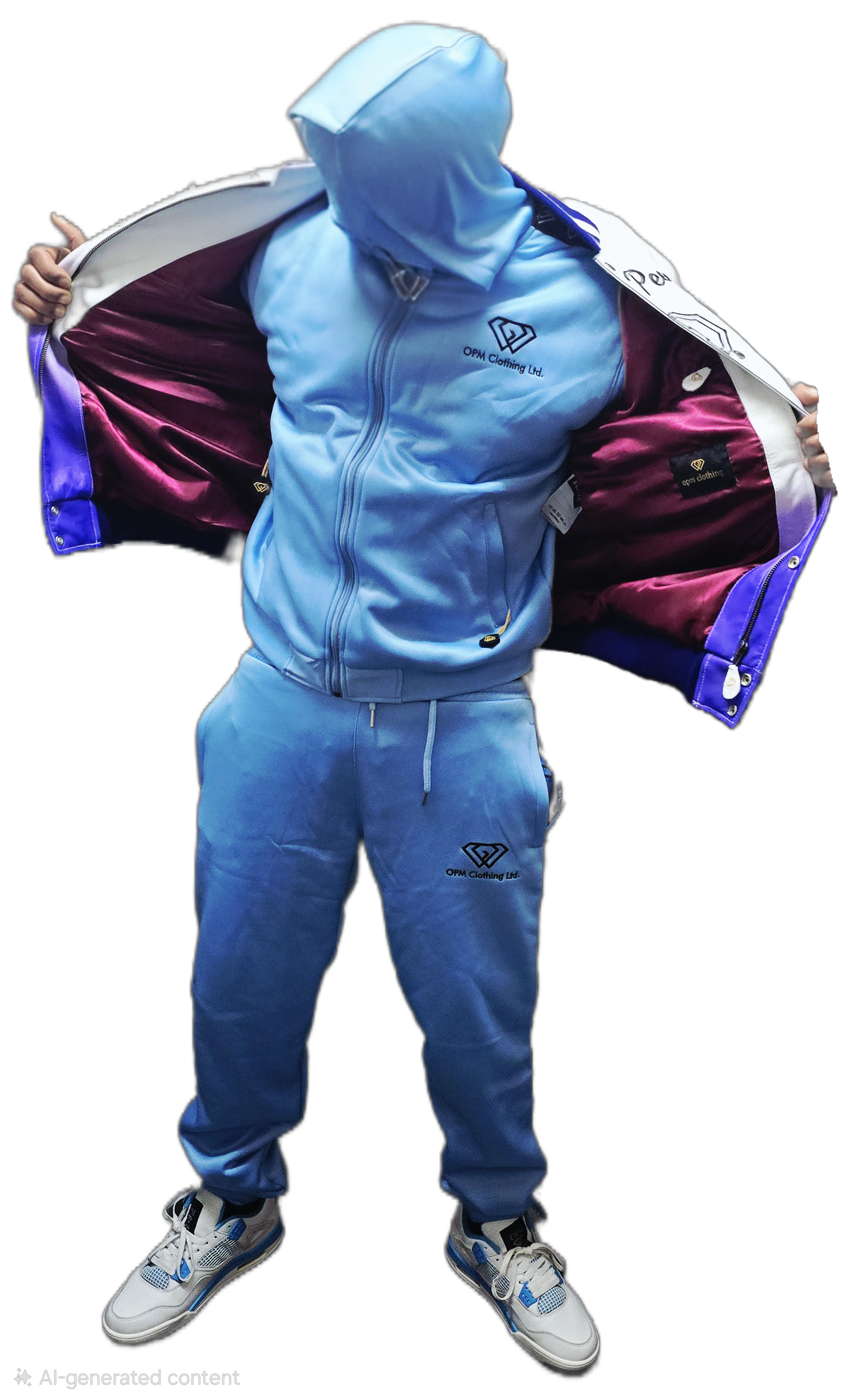 Blue tracksuit with a hood and white sneakers on a transparent background