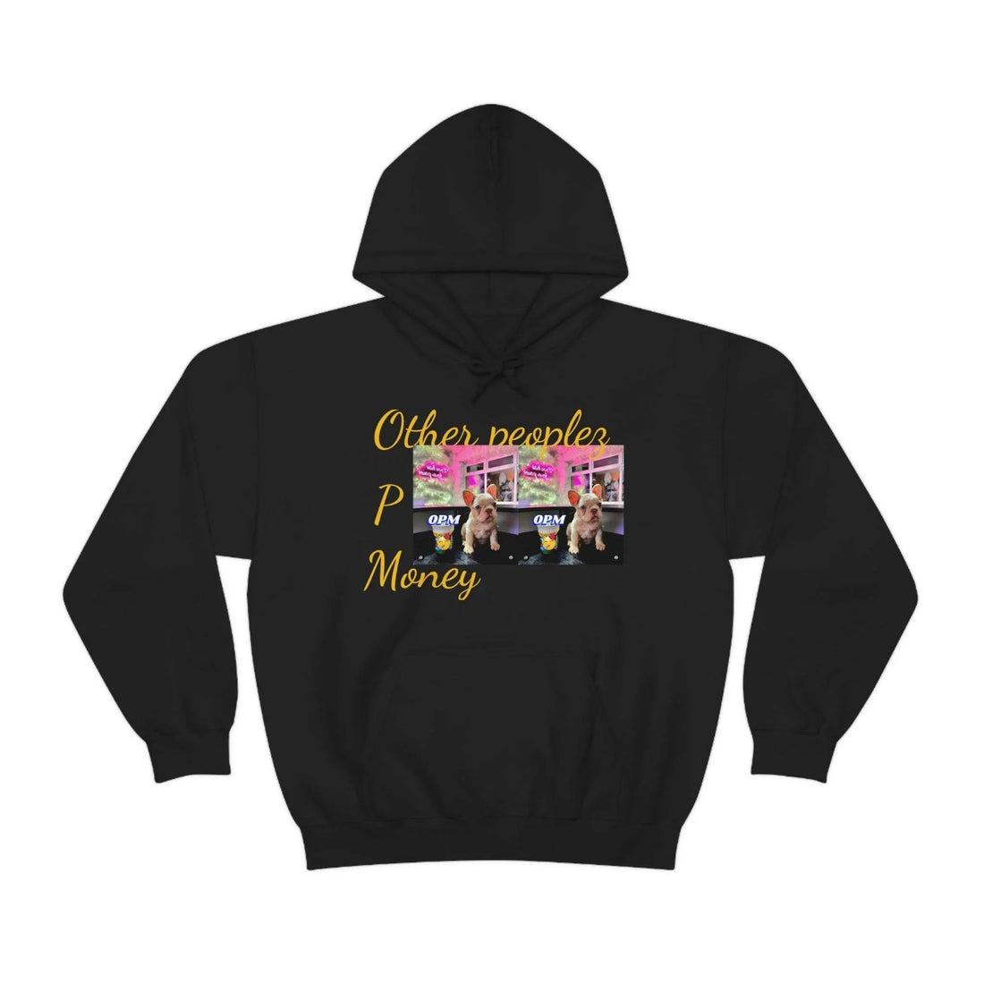Black unisex hoodie with 'Other peoples Money' text and graphic of dog at OPM desk, urban style