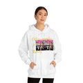 Woman wearing white graphic hoodie with 'Other peoples Money' text and dog photo print