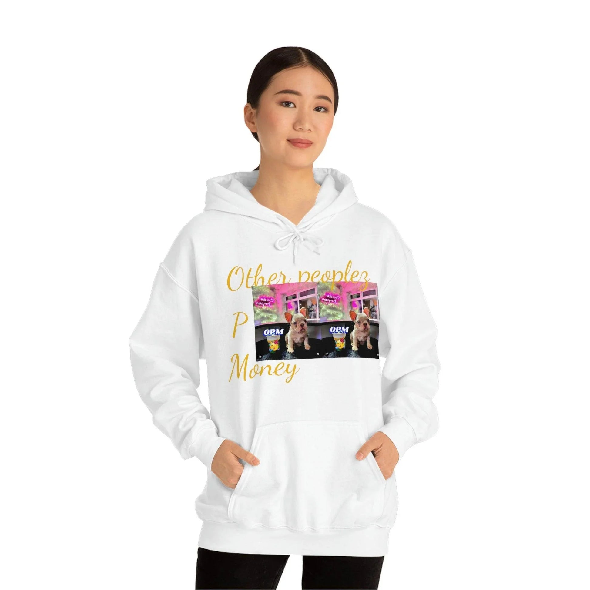 Woman wearing white graphic hoodie with 'Other peoples Money' text and dog photo print