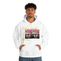 Man wearing white unisex hooded sweatshirt with dog graphic and 'Other peoples Money' text