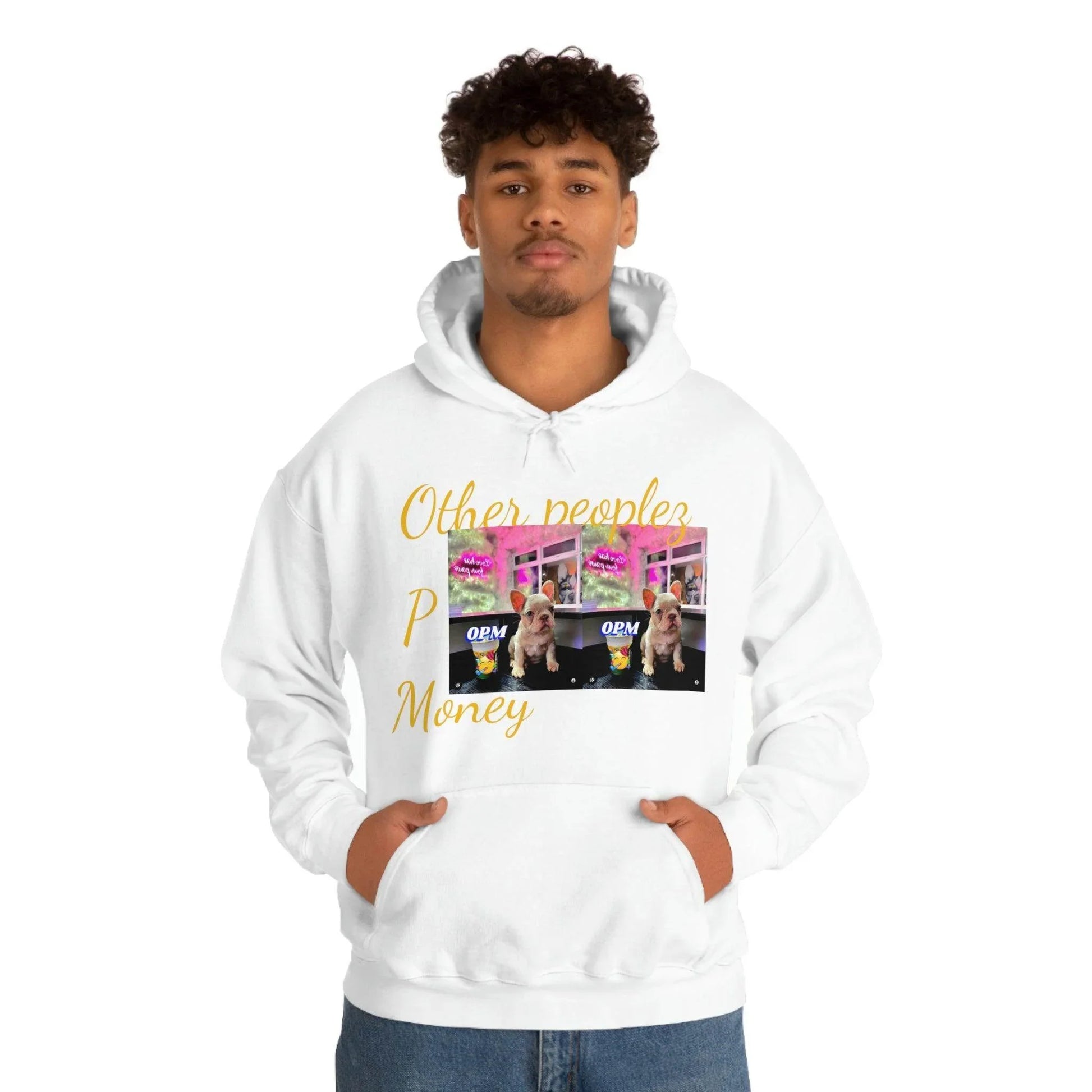Man wearing white unisex hooded sweatshirt with dog graphic and 'Other peoples Money' text