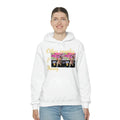Woman wearing white hooded sweatshirt with 'Other People’s Money' and OPM graphic print