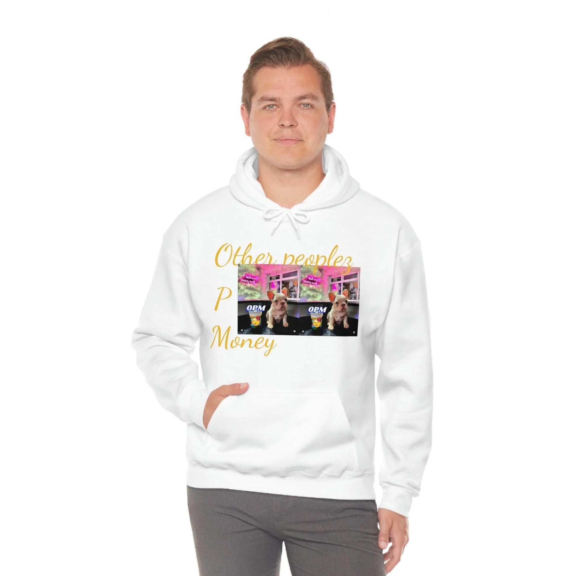 Man in white graphic hoodie with dog and OPM text design, streetwear fashion