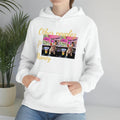 White unisex hooded sweatshirt with dog graphic, colorful background, and playful text design