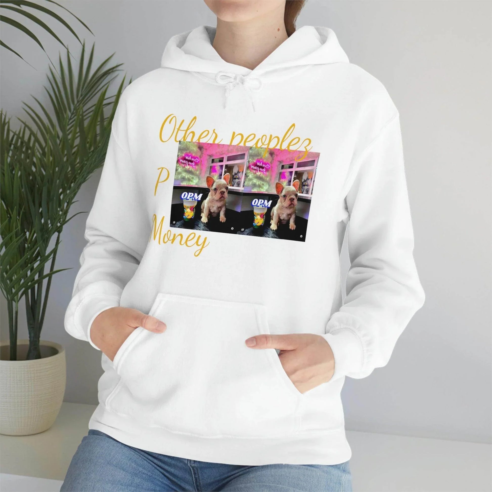 White unisex hooded sweatshirt with dog graphic, colorful background, and playful text design
