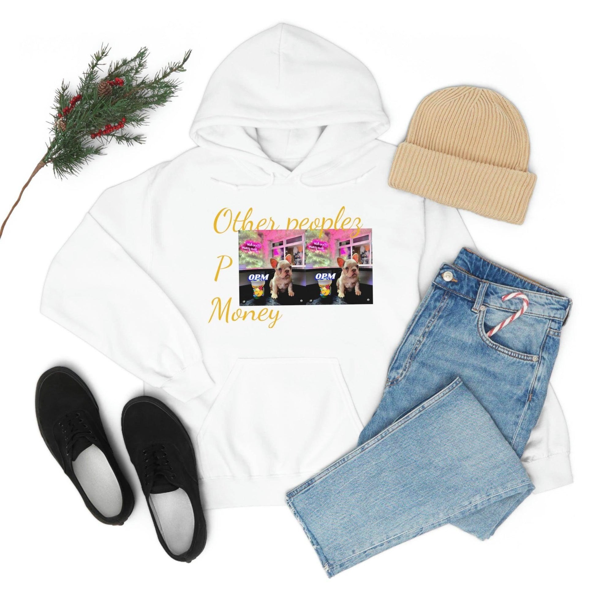 White unisex hooded sweatshirt with "Other peoples P Money" text and dog graphic, styled with jeans, hat, and black sneakers.