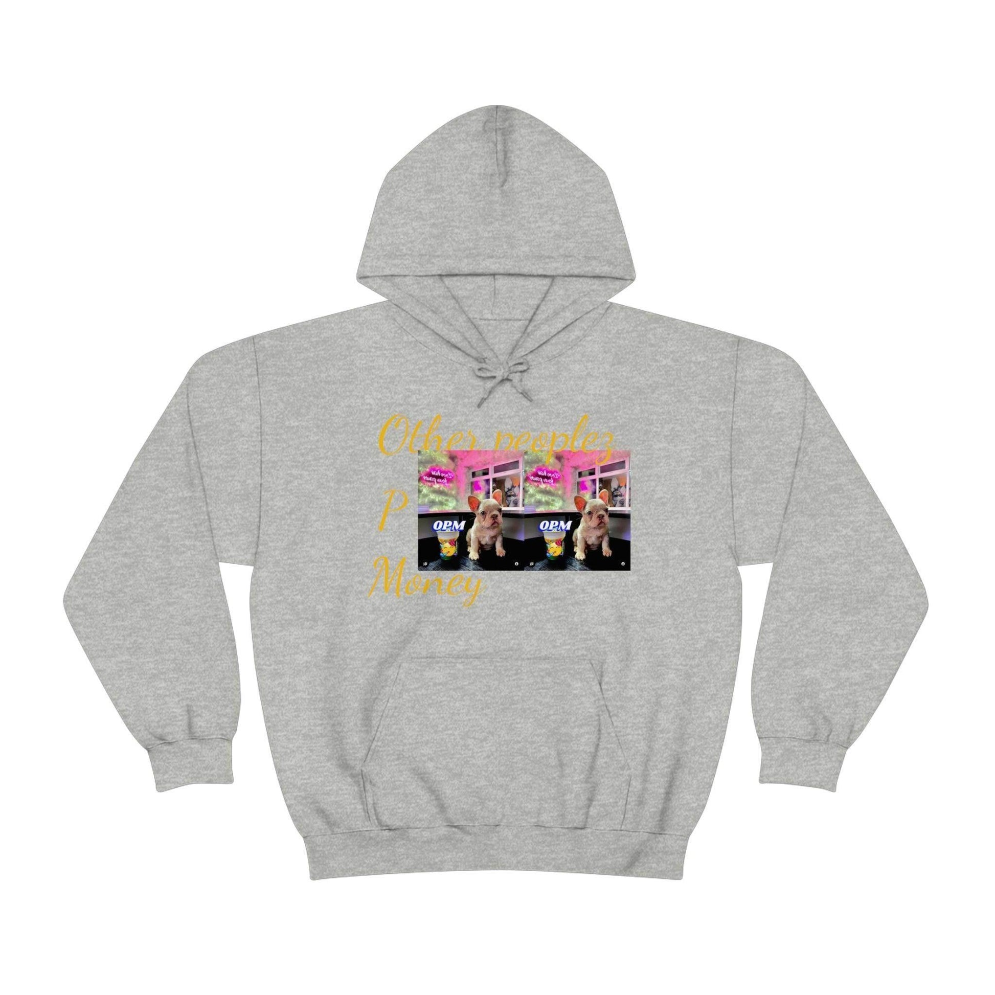 Grey streetwear hoodie with graphic of dogs, pink background, and gold text 'Other peoples Money'