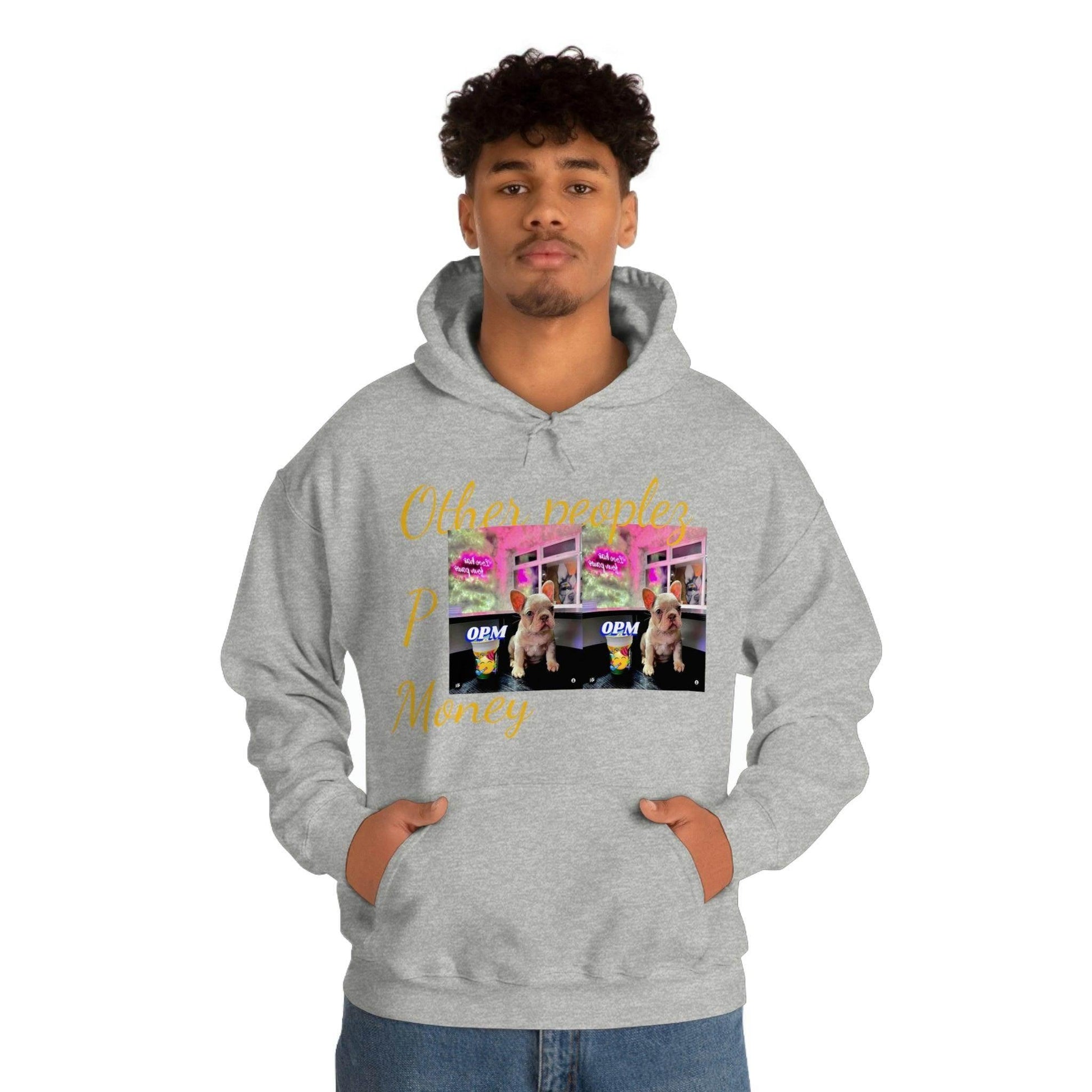 Man wearing grey unisex hoodie with dog graphic, streetwear fashion, urban style
