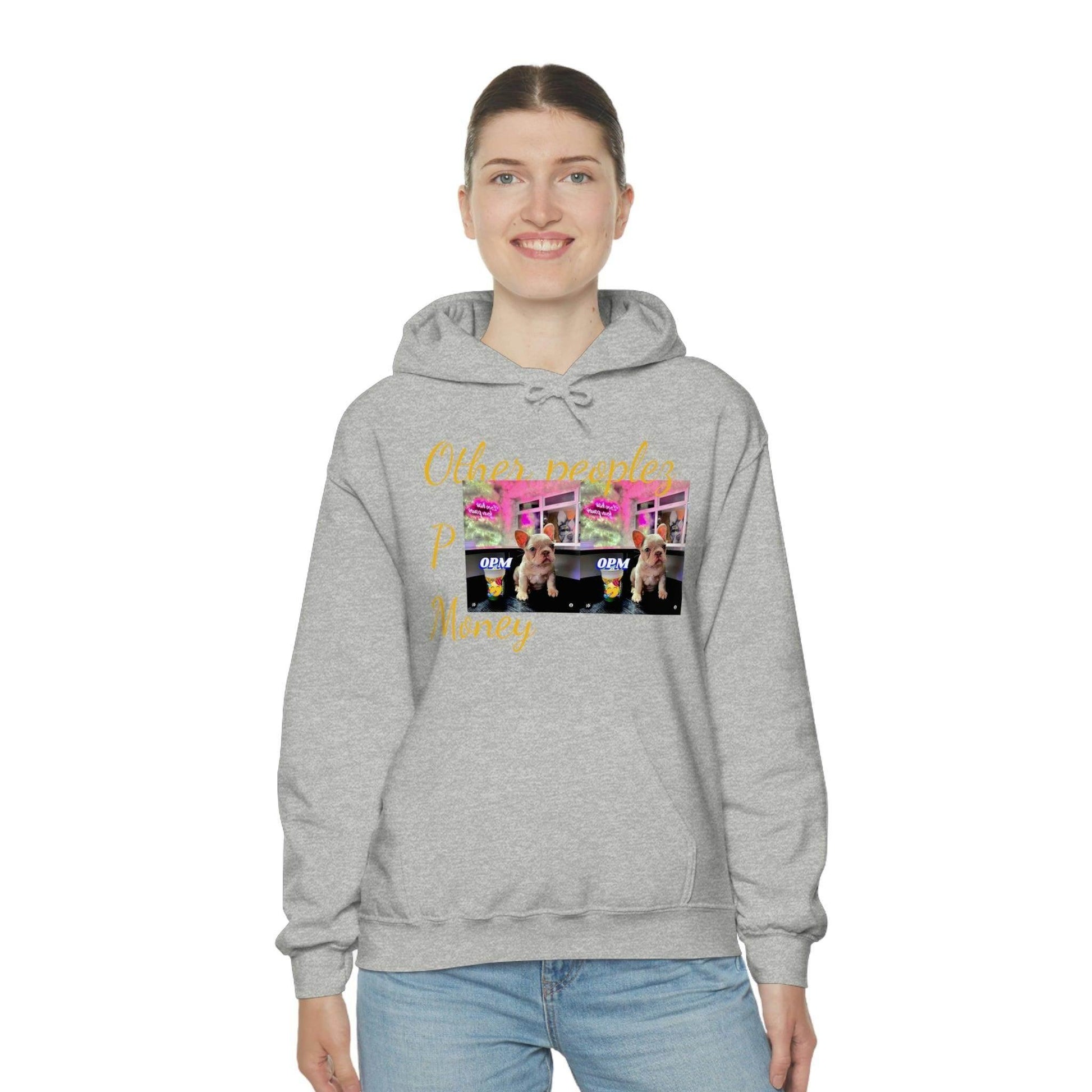 Woman wearing grey unisex hoodie with colorful graphic and text 'Other peoples Money'