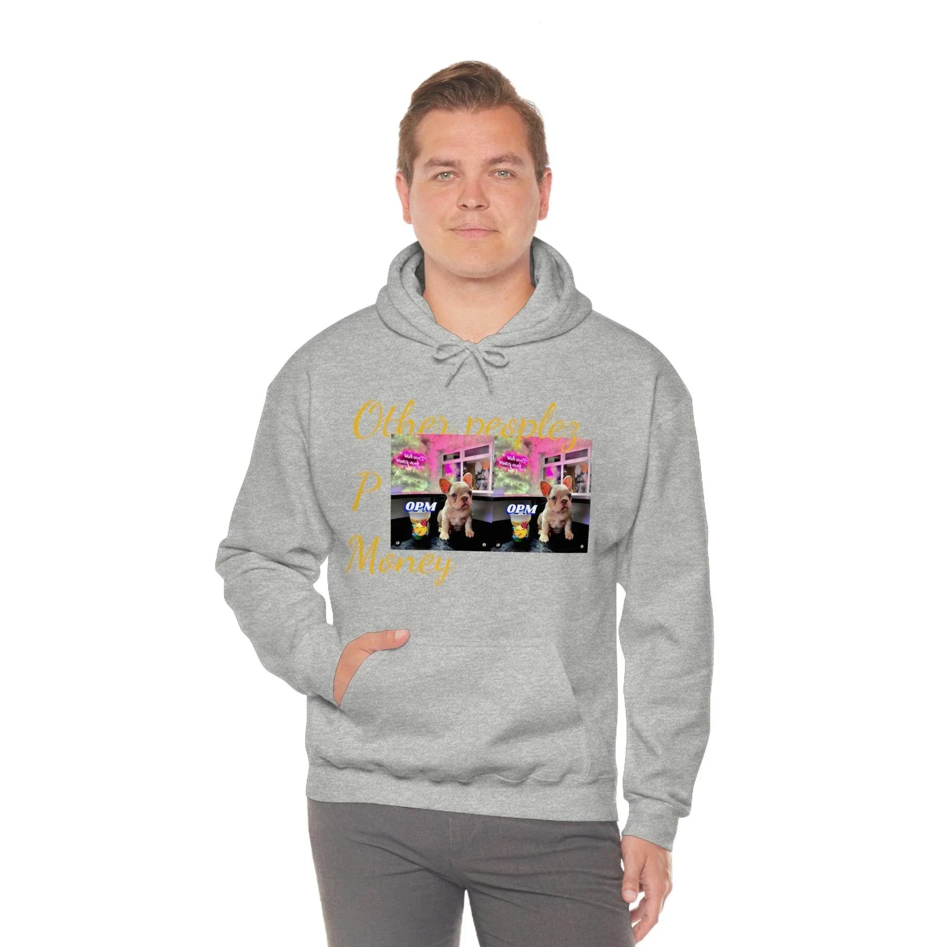 Gray unisex hoodie with dog and flower graphic, streetwear style, 'Other peoples Money' text