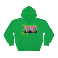 Green hoodie with 'Other people's Money' text and dog graphic, streetwear style