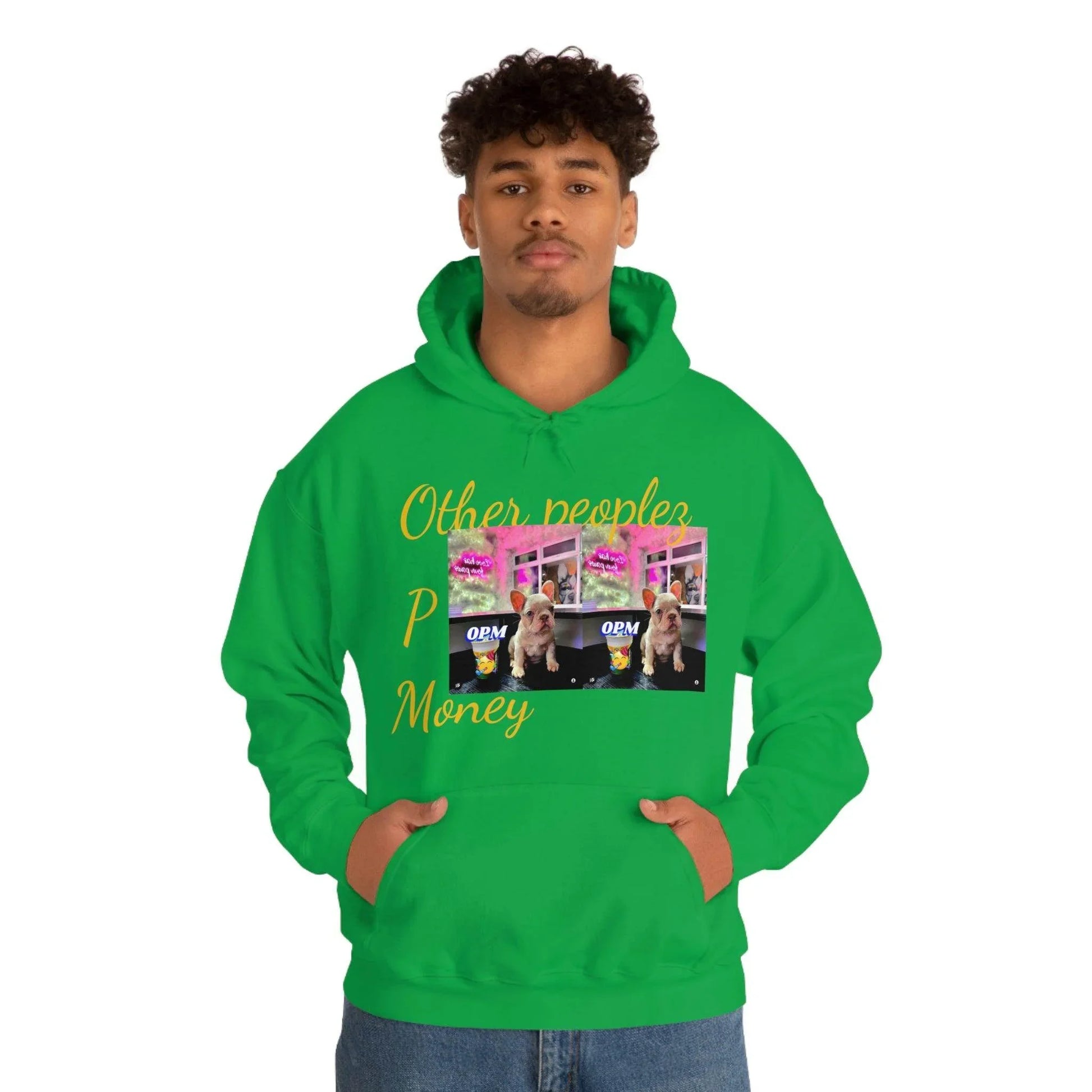 Man wearing green hooded sweatshirt with colorful dog graphic and 'Other people’s money' text