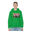 Woman wearing green hooded sweatshirt with 'Other People’s Money' and OPM graphic print