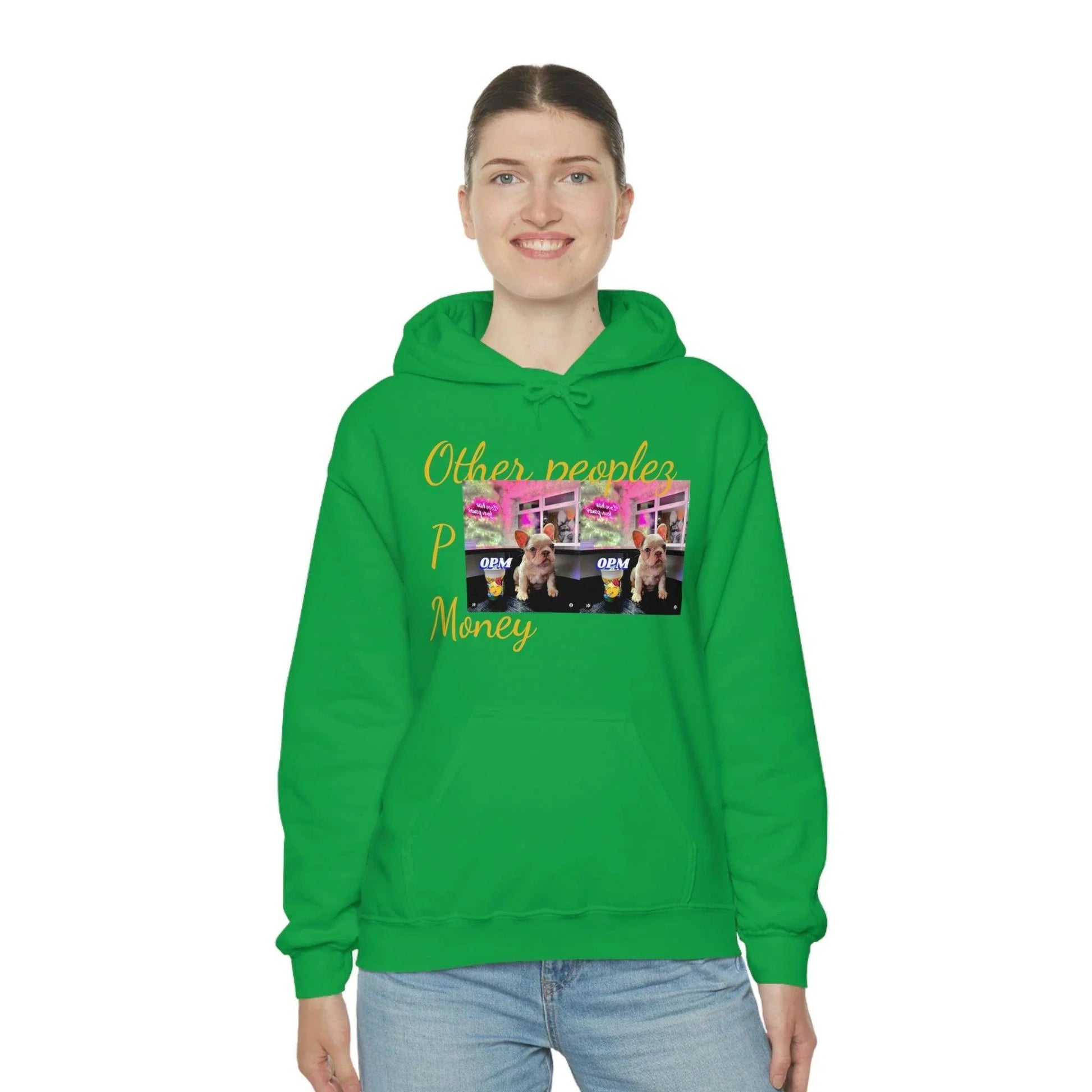 Woman wearing green hooded sweatshirt with 'Other People’s Money' and OPM graphic print