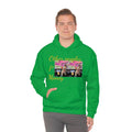 Man wearing green hooded sweatshirt with 