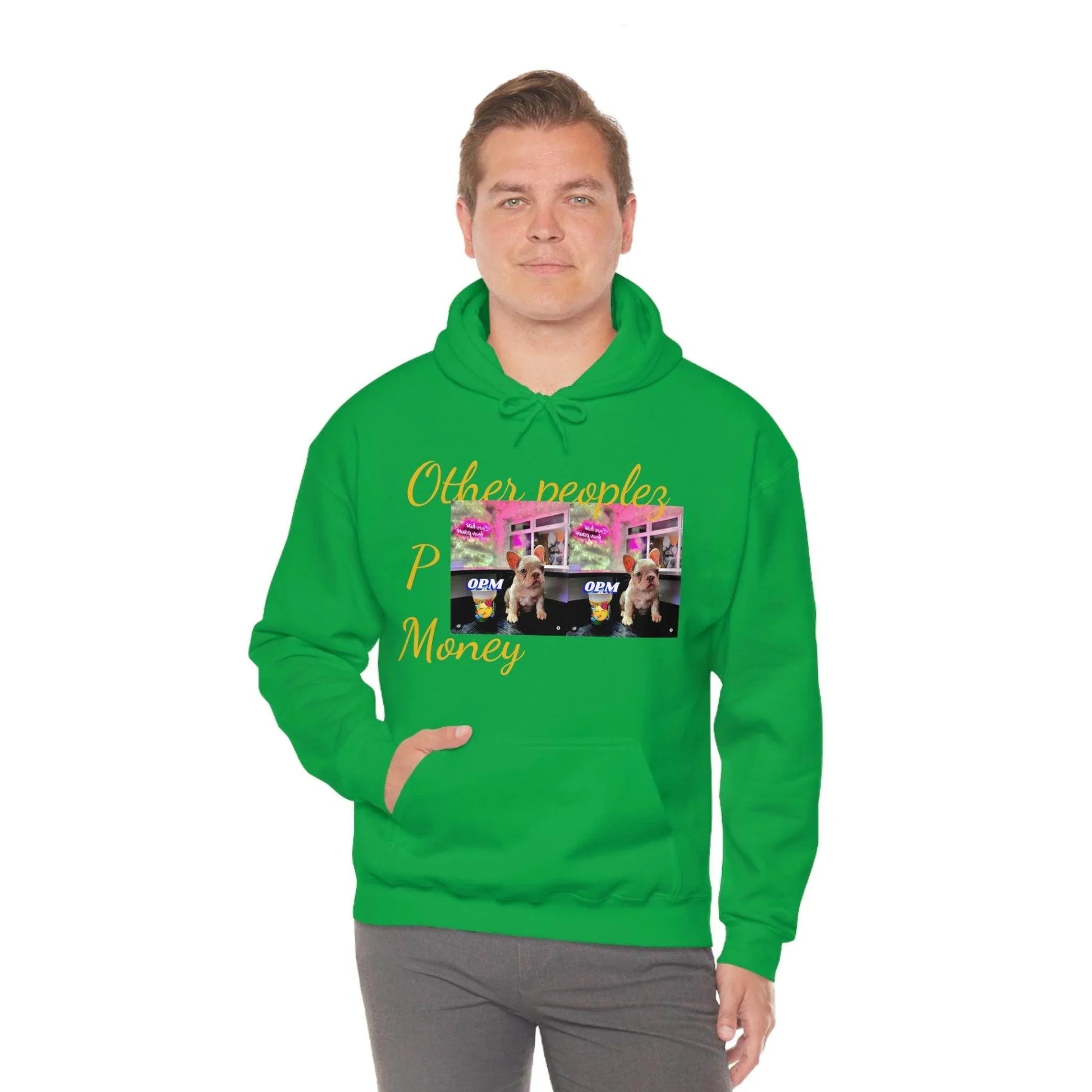 Man wearing green hooded sweatshirt with "Other people’s money" yellow text and dog graphic