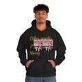 Man wearing black hoodie with 'Other people's money' text and Yorkie dog graphic print