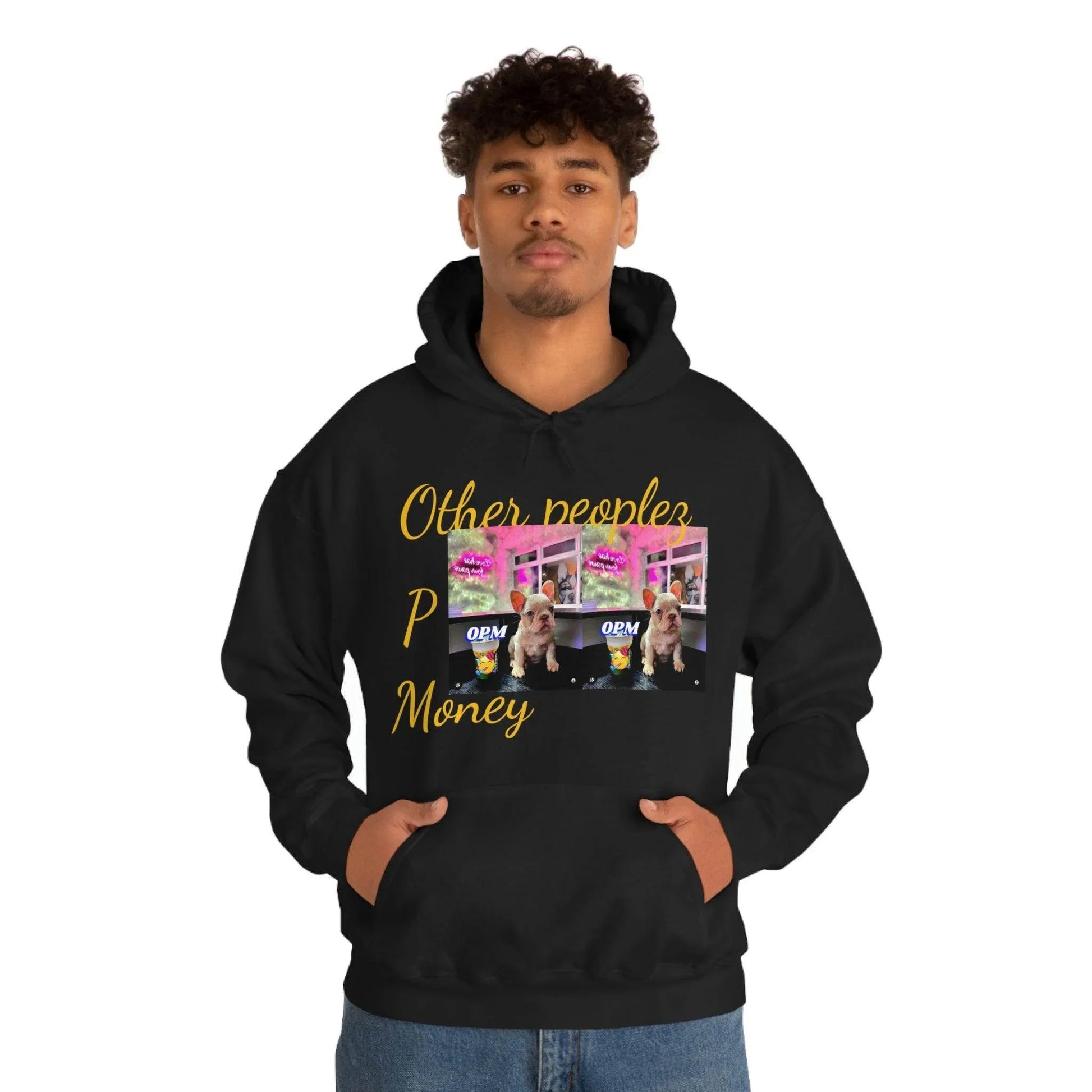 Man wearing black hoodie with 'Other people's money' text and Yorkie dog graphic print