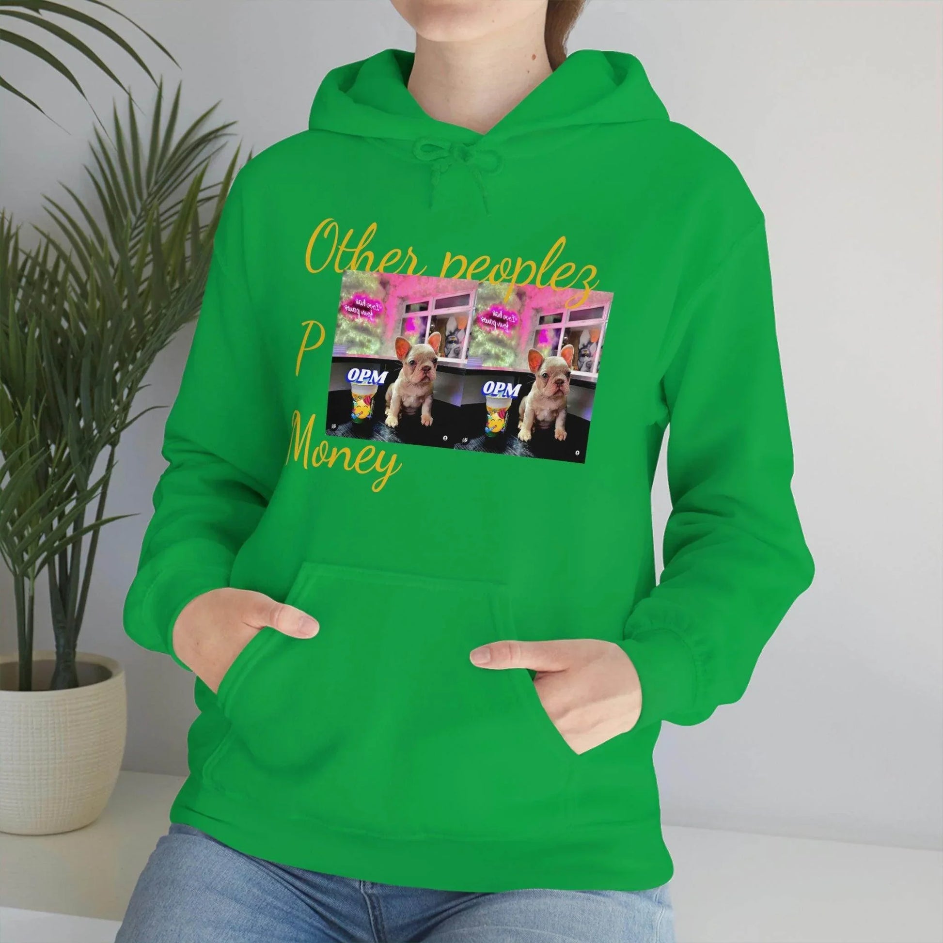 Green hoodie with graphic of a French bulldog, colorful background, and text 'Other peoples Money'.