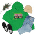 Green hooded sweatshirt with 'Other People's Money' graphic, displayed with jeans, hat, and shoes.