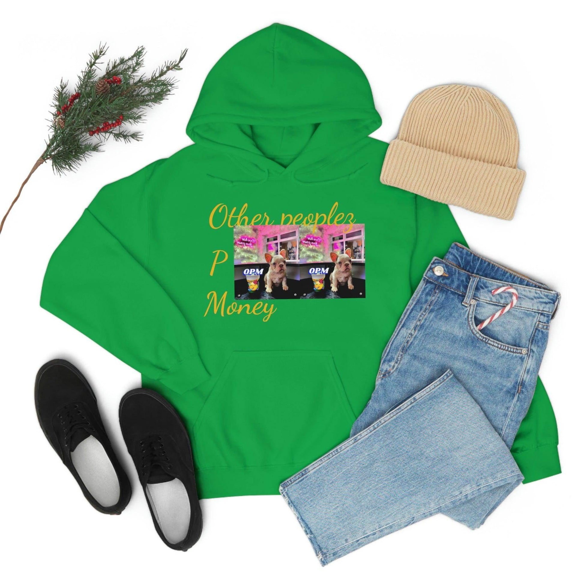 Green hooded sweatshirt with 'Other People's Money' graphic, displayed with jeans, hat, and shoes.