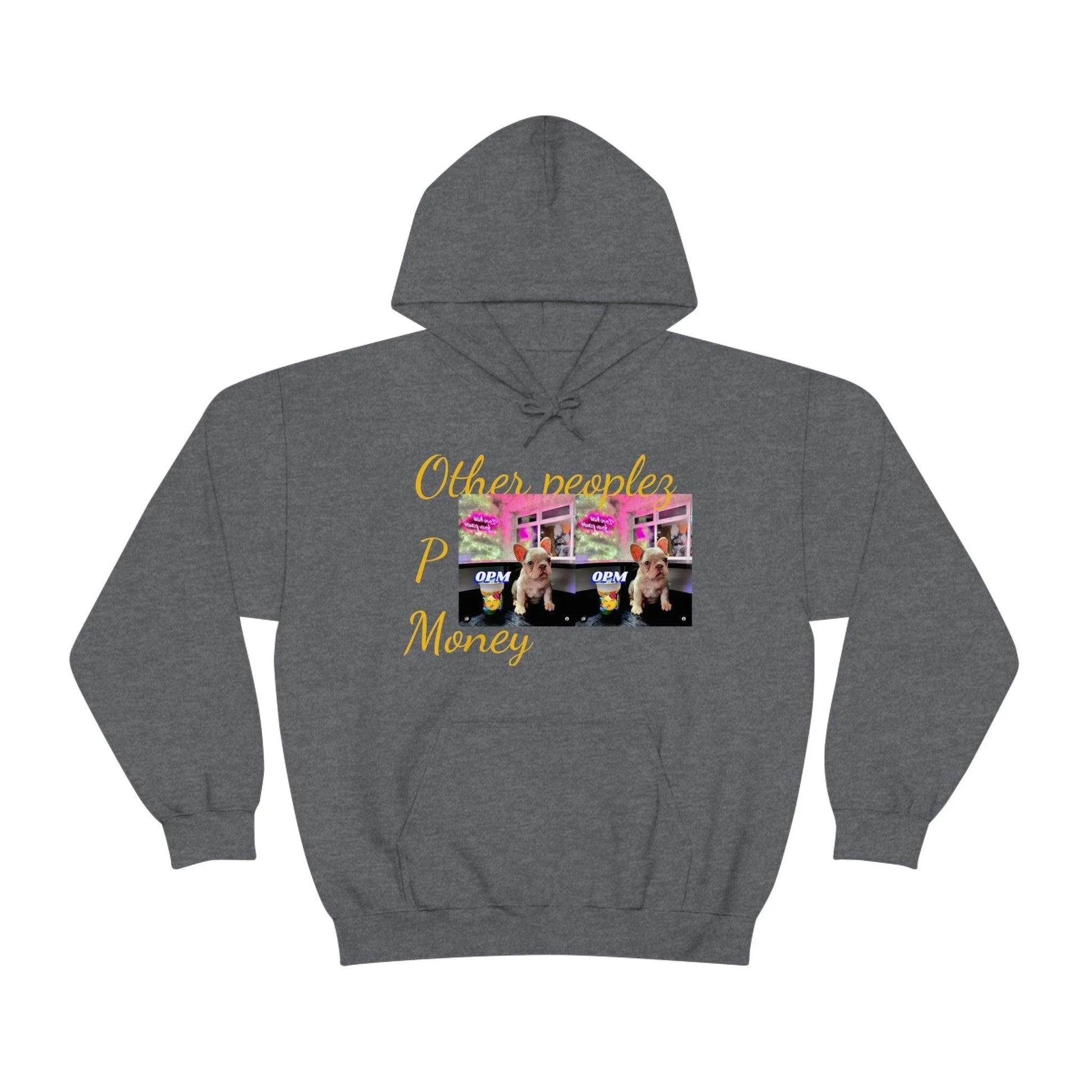 Dark grey unisex hoodie with colorful graphic, dog image, and yellow 'Other peoples Money' text