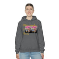 Woman wearing a dark gray hoodie with 'Other people’s money' text and graphic front print