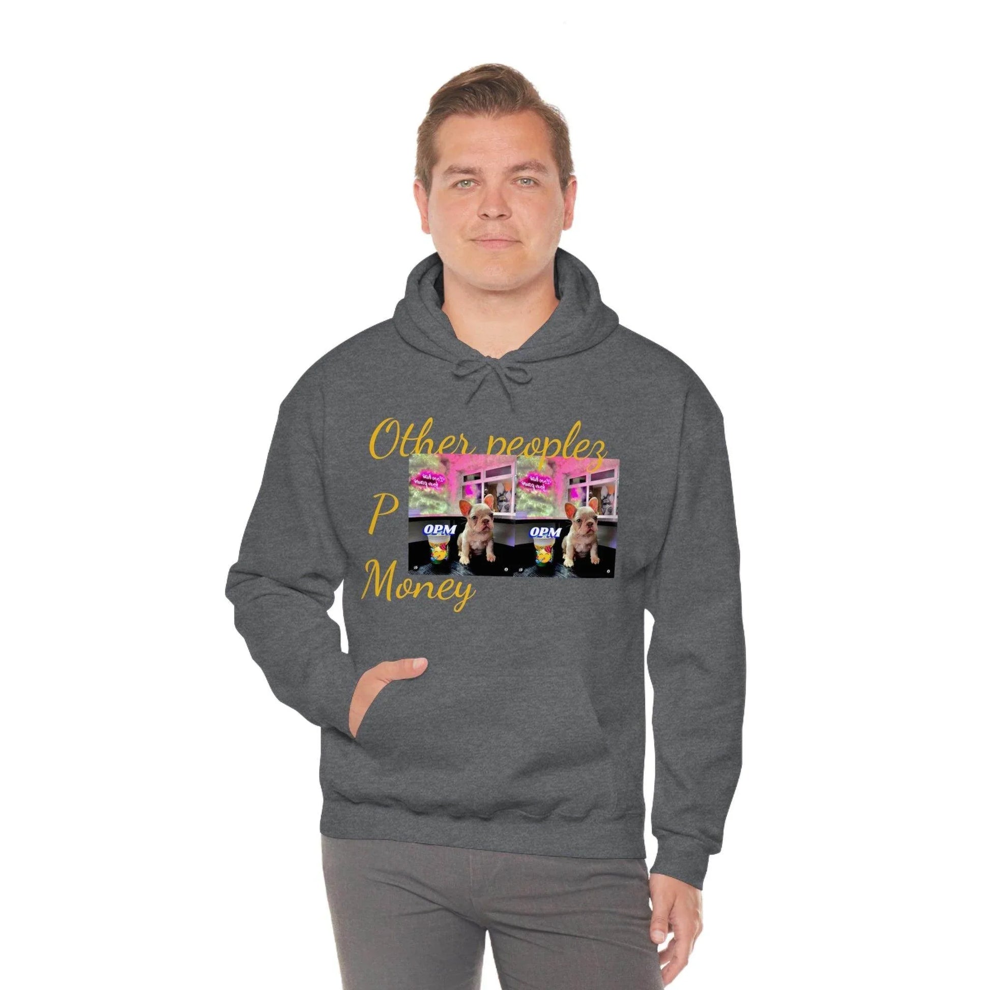 Man wearing dark gray hoodie with dog and OPM graphic, urban streetwear fashion