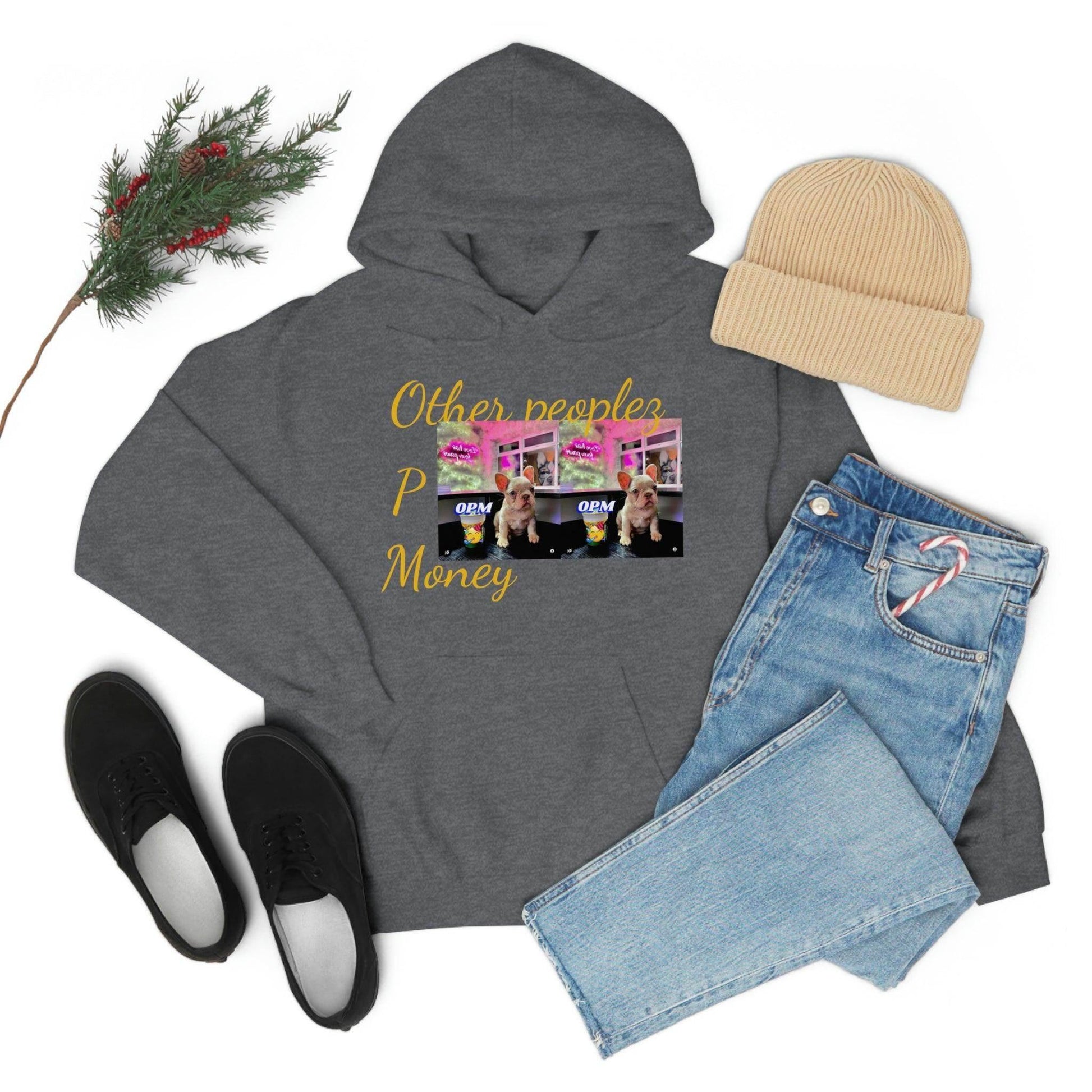 Grey unisex hoodie with "Other people's Money" text, dog graphic, paired with jeans and hat.