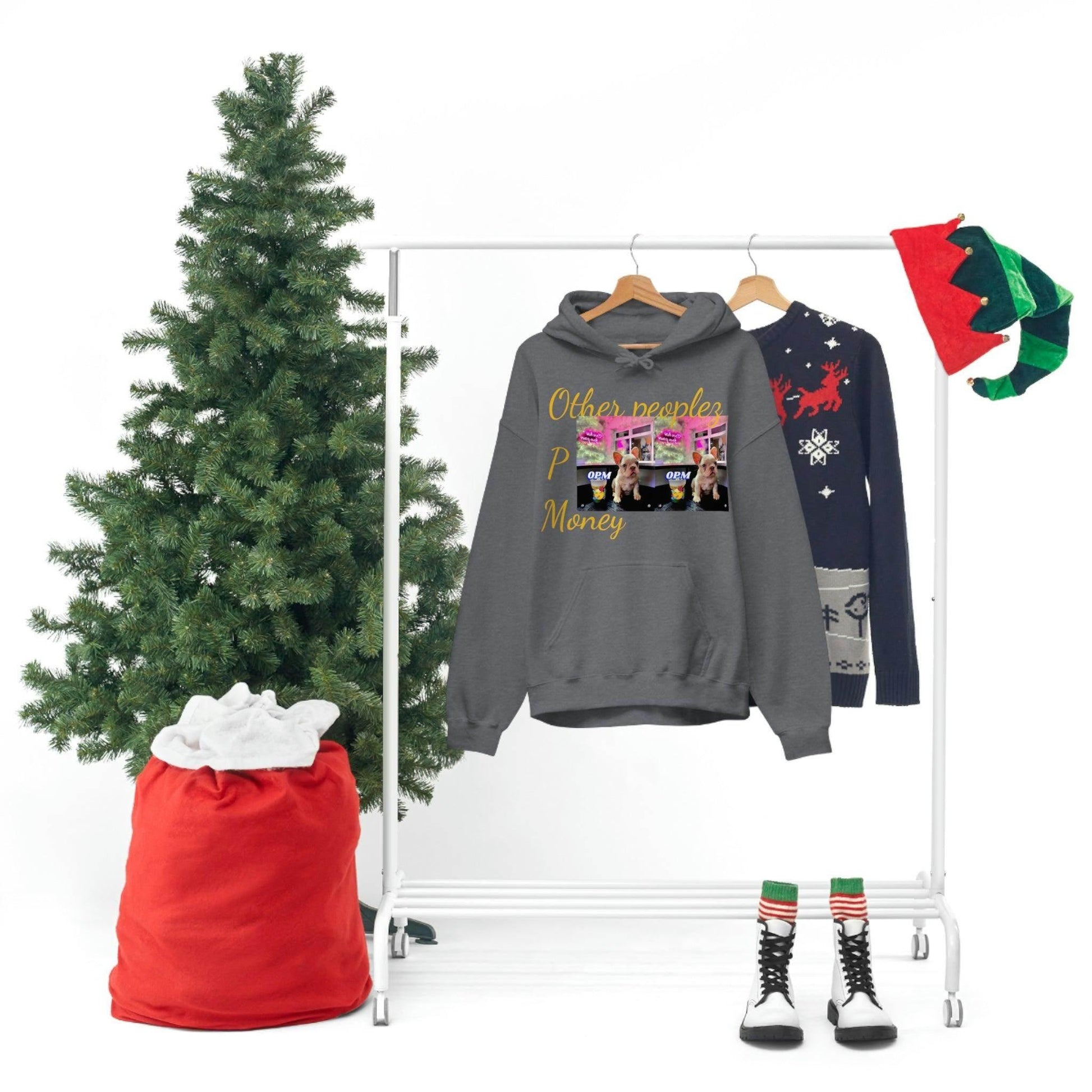 Gray hooded sweatshirt with 'Other people's money' text, Christmas decor, and holiday sweater