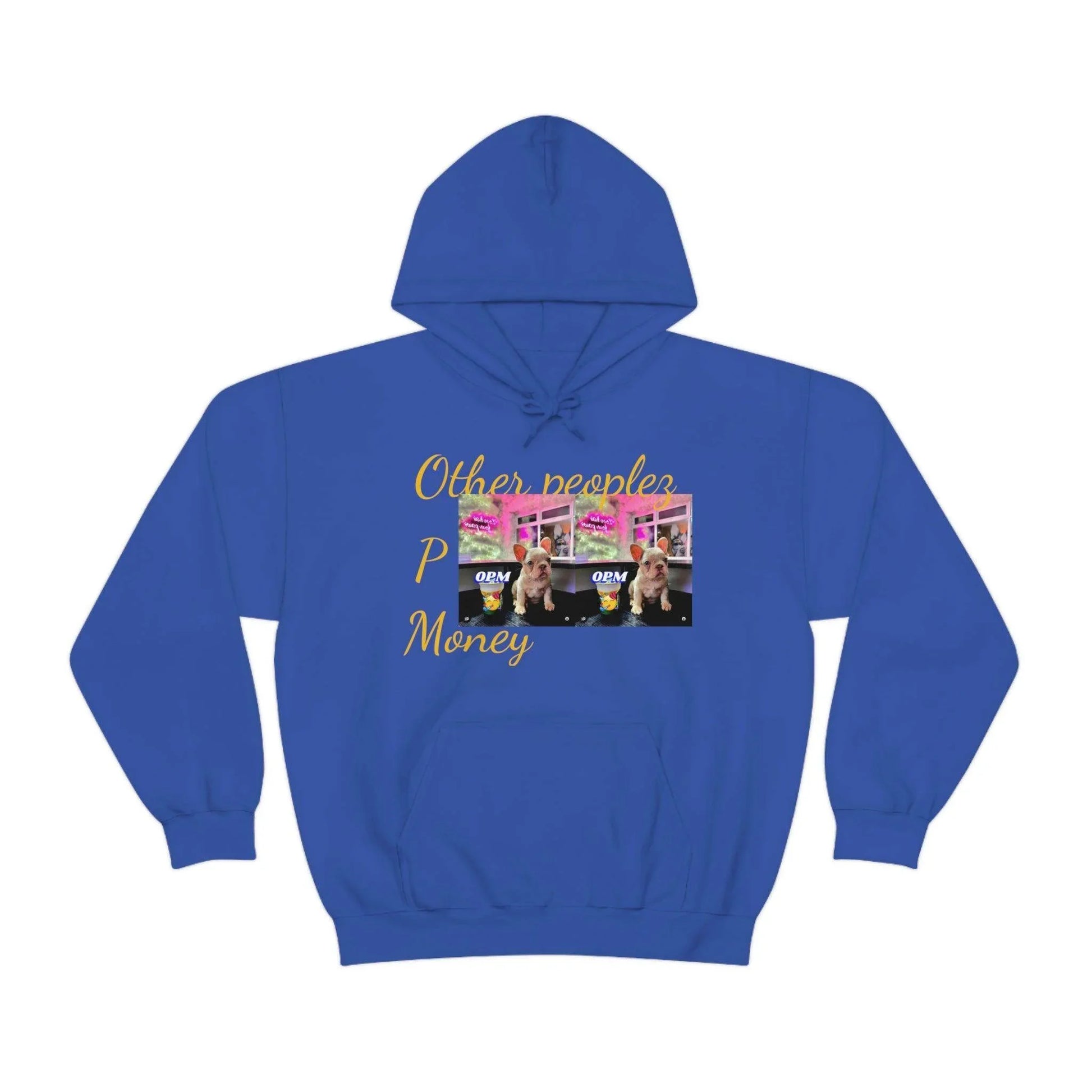 Blue hooded sweatshirt with 'Other people’s Money' text, dog graphic, and pink background design